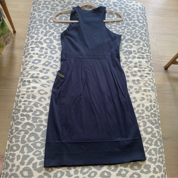 Gretchen Scott Navy and Green Beaded Sheath Sleeveless Dress - Picture 6 of 8